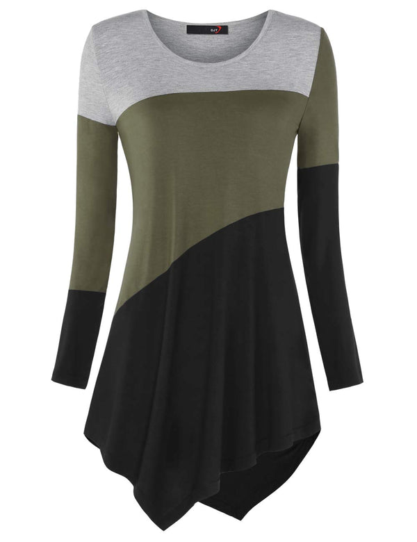 DJT Long Sleeve Army Green And Black Women's Tunic Shirts Scoop Neck Hanky Hem Color Block Stretch Casual Fall T Shirt Tops