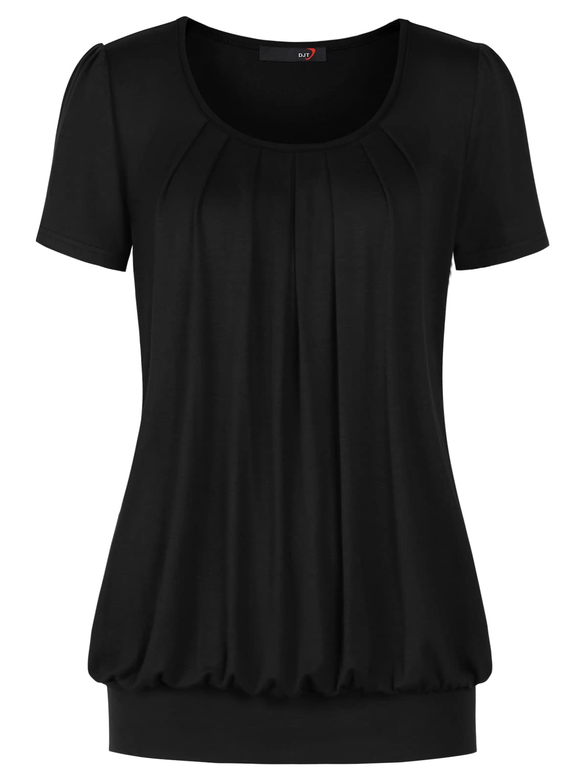 DJT Scoop Neck Black Short Sleeve Women's Pleated Front Blouse Tunic Tops