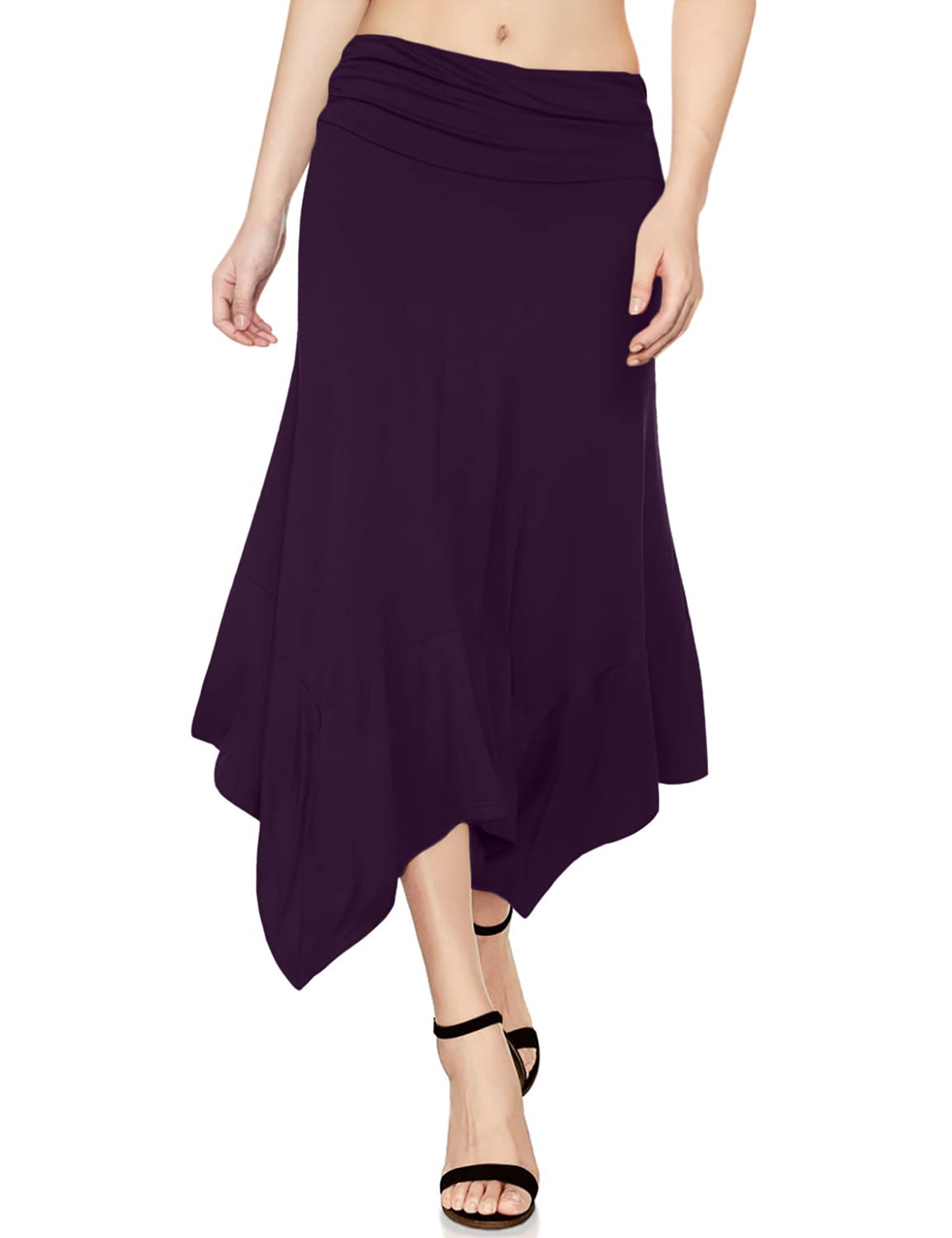 DJT Women's Purple Flowy Handkerchief Hemline Midi Skirt