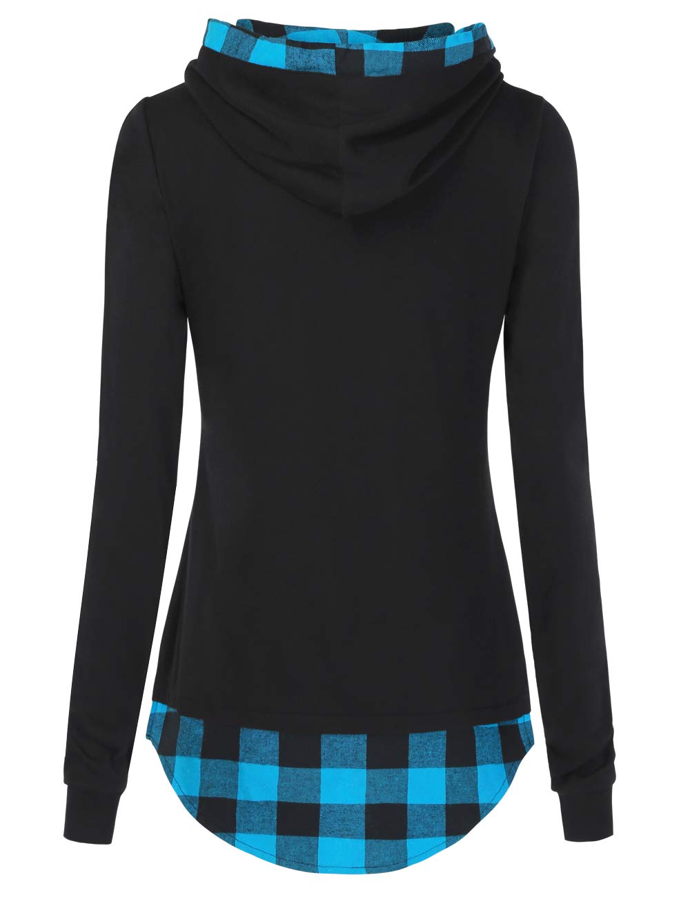 DJT Funnel Neck Black Blue Plaid Check Contrast Pullover Women's Hoodie Tops