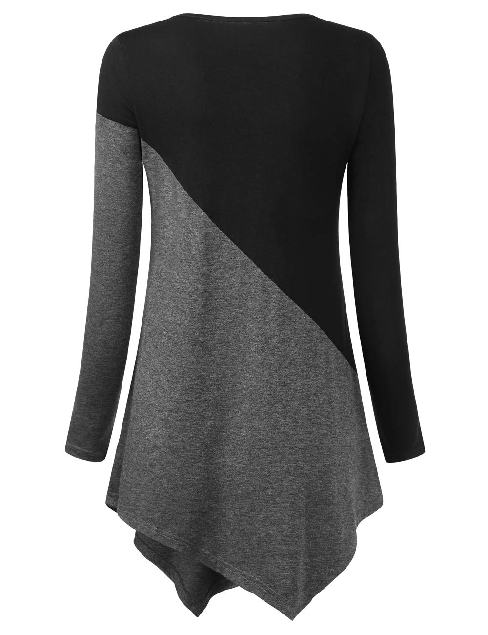 DJT Long Sleeve Black Heather Grey Women's Tunic Shirts Scoop Neck Hanky Hem Color Block Stretch Casual Fall T Shirt Tops