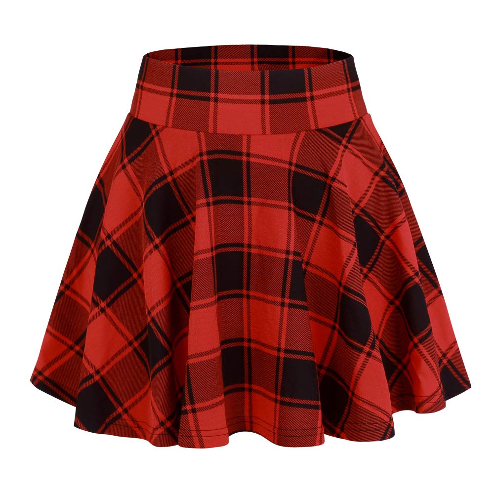 DJT Flared Pleated Red Black Plaid Women's Casual Stretchy Mini Skater Skirt with Shorts