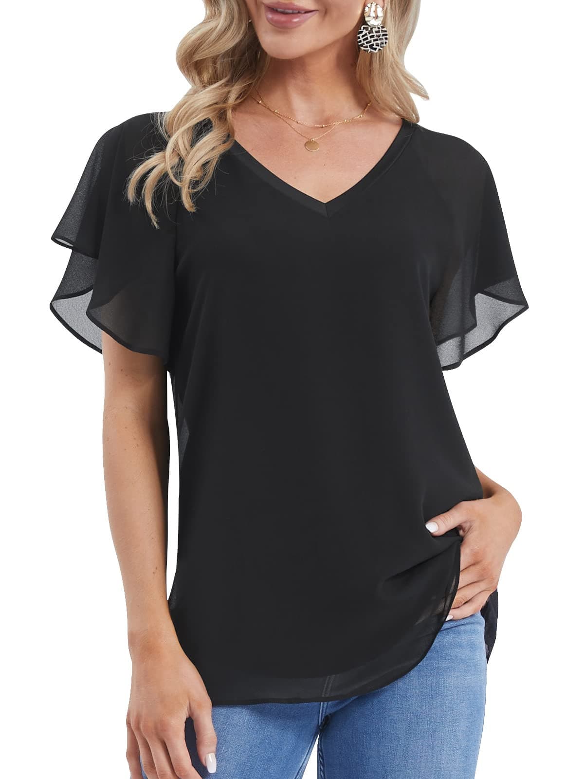 DJT Flare Ruffle Solid Black Womens Summer Chiffon Tops Casual V Neck Short Sleeve Flowy Top Blouses Shirts
