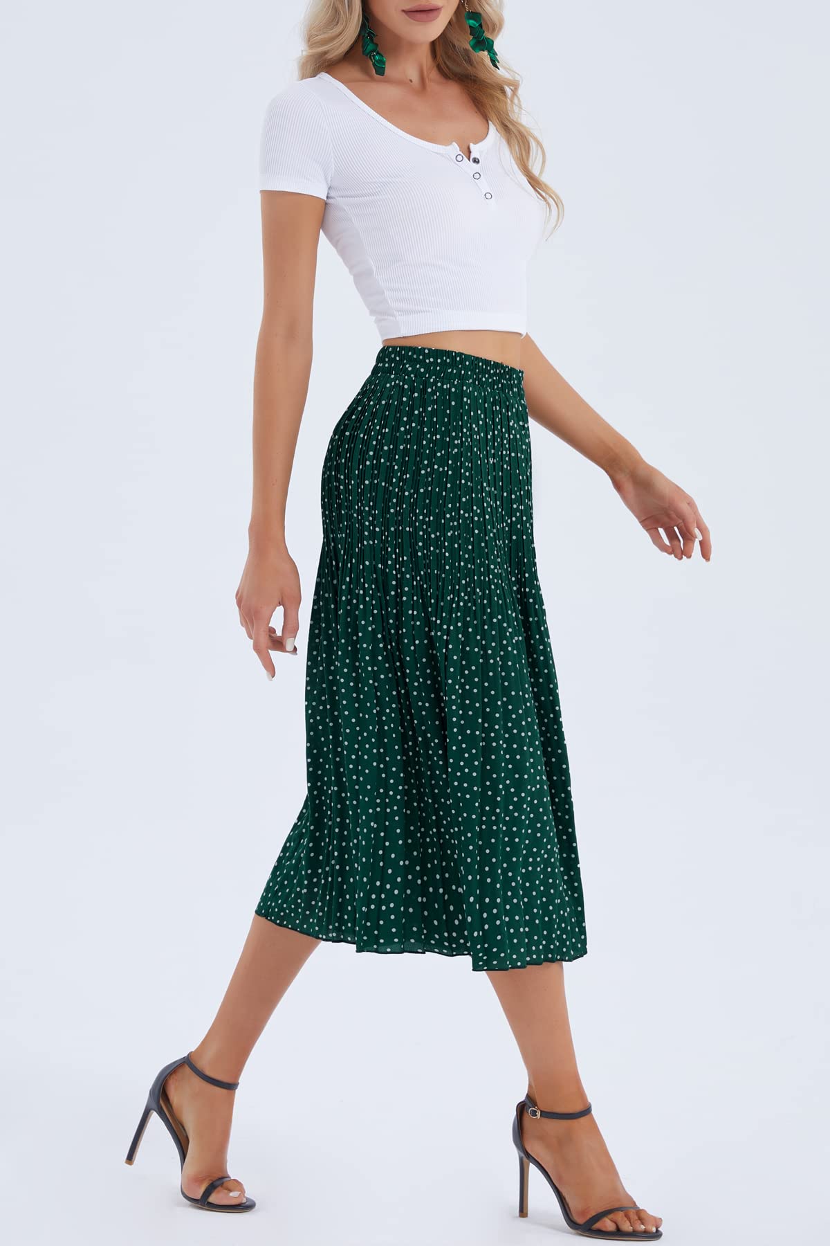 DJT High Waist A-Line Pleated Skirt FASHION Green Polka Dots Womens Elastic Polka Dot Midi Swing Skirt