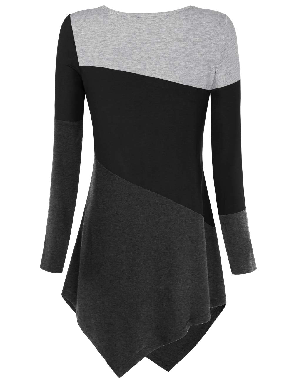 DJT Long Sleeve Black Grey Women's  Tunic Shirts Scoop Neck Hanky Hem Color Block Stretch Casual Fall T Shirt Tops