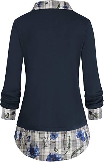 DJT High Street Navy Floral Contrast Plaid Collar Women's 2 in 1 Blouse Tunic Tops
