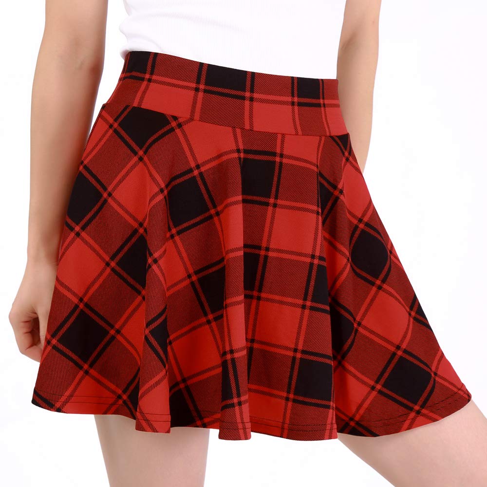 DJT Flared Pleated Red Plaid Women's Casual Stretchy Mini Skater Skirt with Shorts