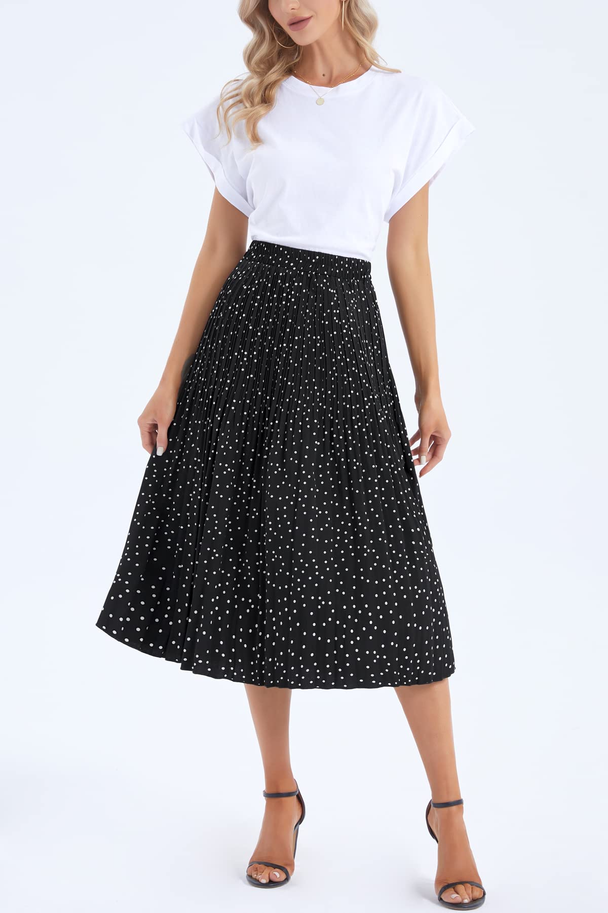 DJT High Waist A-Line Pleated SkirtFASHION Black Polka Dots Womens Elastic Polka Dot Midi Swing Skirt