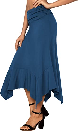 DJT Women's Black/Blue/Navy Flowy Handkerchief Hemline Midi Skirt