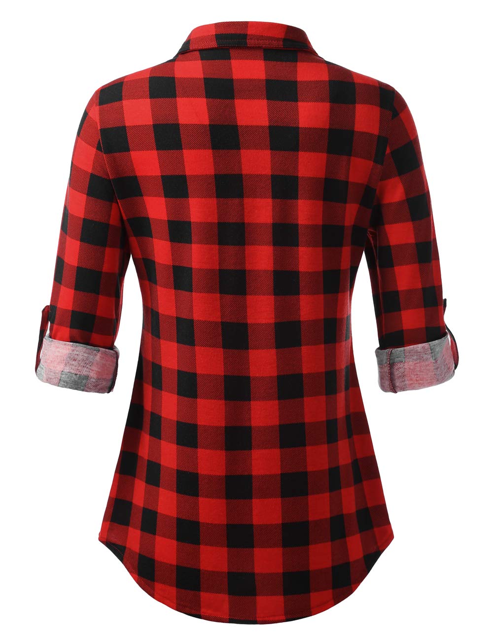 DJT Roll Up Long Sleeve Red Plaid Women’s Collared Button Down Plaid Shirt