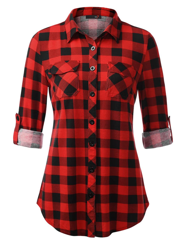 DJT Roll Up Long Sleeve Red Plaid Women’s Collared Button Down Plaid Shirt