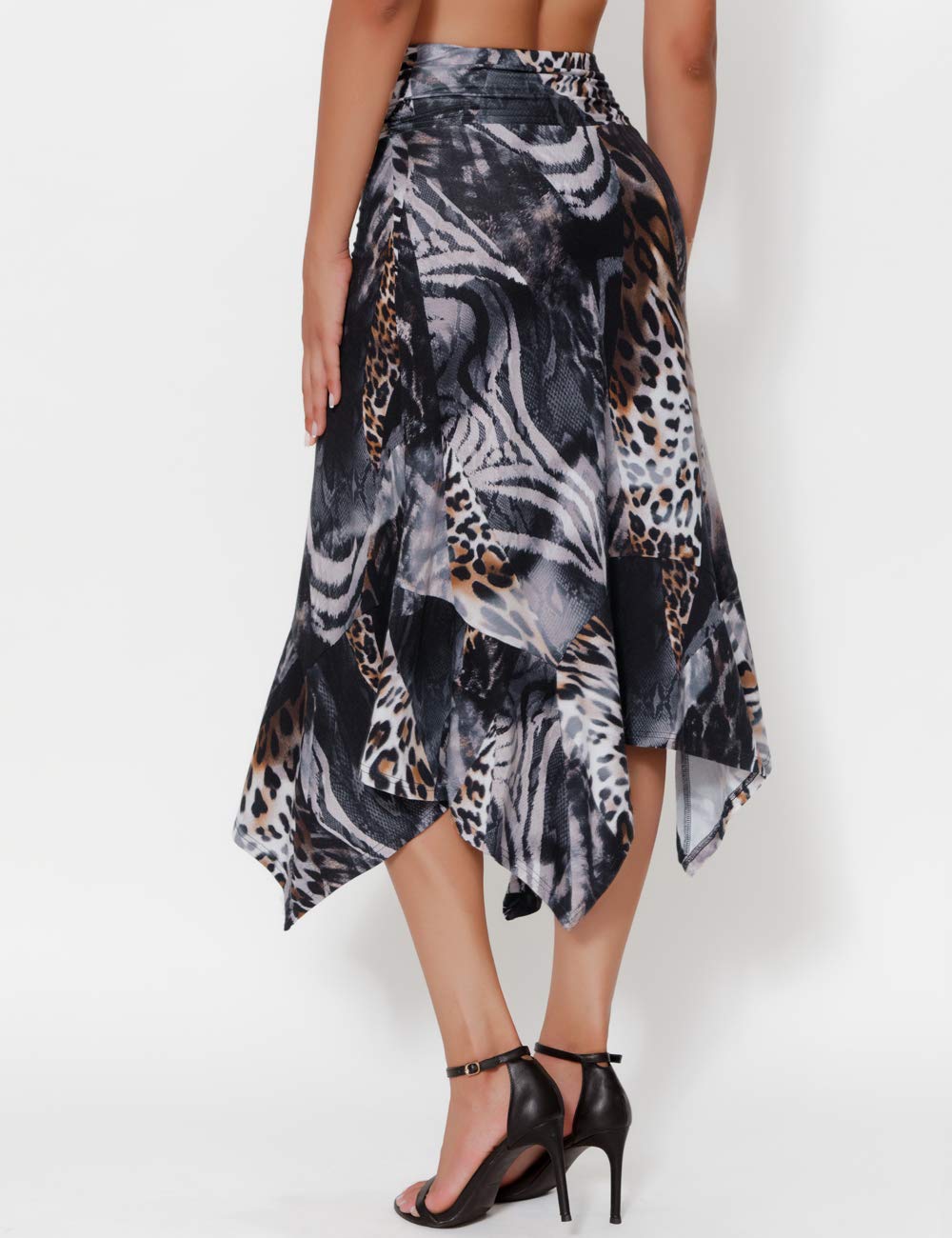 DJT Leopard Print Flowy Women's Handkerchief Hemline Midi Skirt
