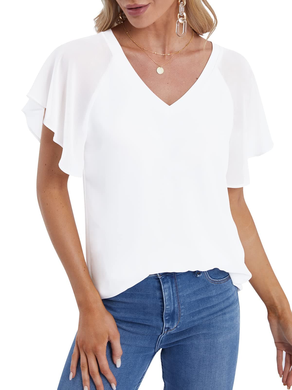 DJT Flare Ruffle White Womens Summer Chiffon Tops Casual V Neck Short Sleeve Flowy Top Blouses Shirts