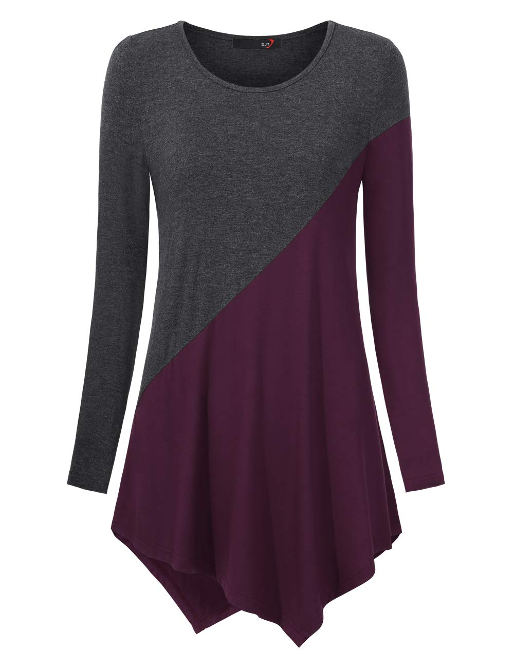 DJT Long Sleeve Tunic Shirts Scoop Neck Stretch Casual Heather Grey Purple Women's Hanky Hem Color Block Fall T Shirt Tops