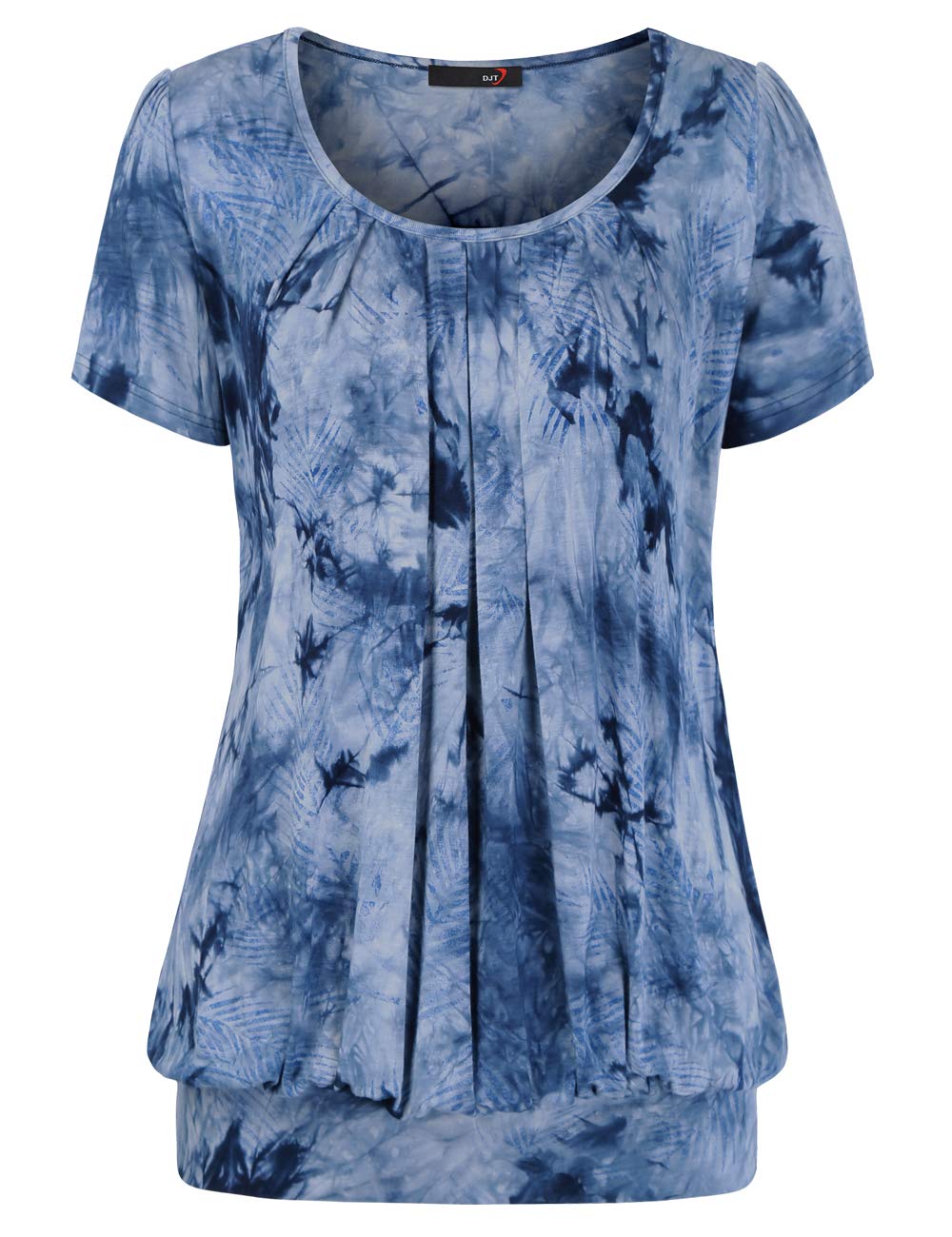 DJT Tie Dye Blue Leaves Women's Scoop Neck Short Sleeve Pleated Front Blouse Tunic Top