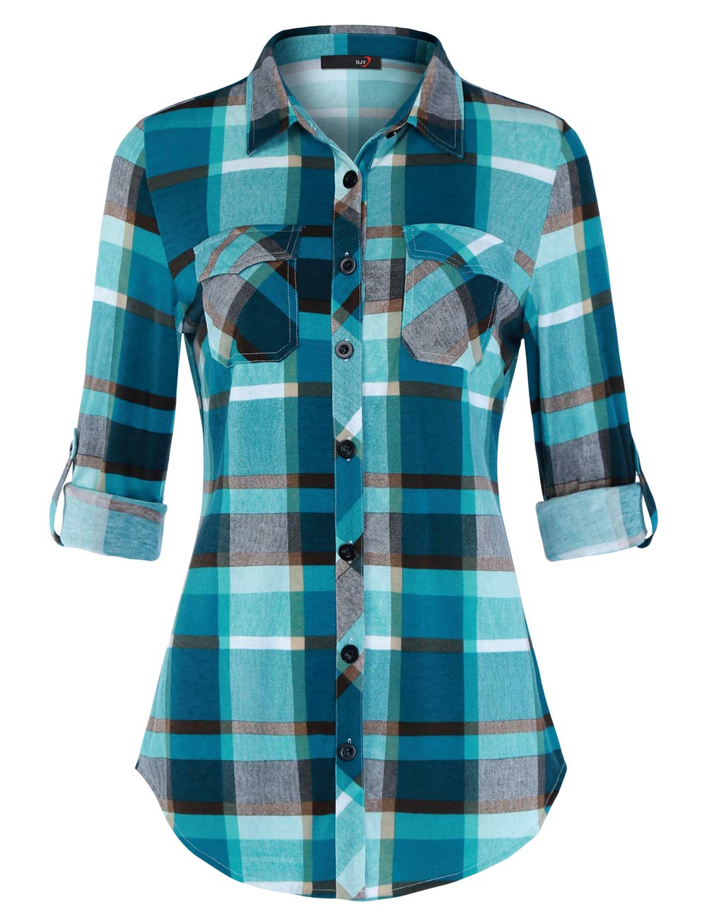 DJT Roll Up Long Sleeve Turquoise Women’s Collared Button Down Plaid Shirt