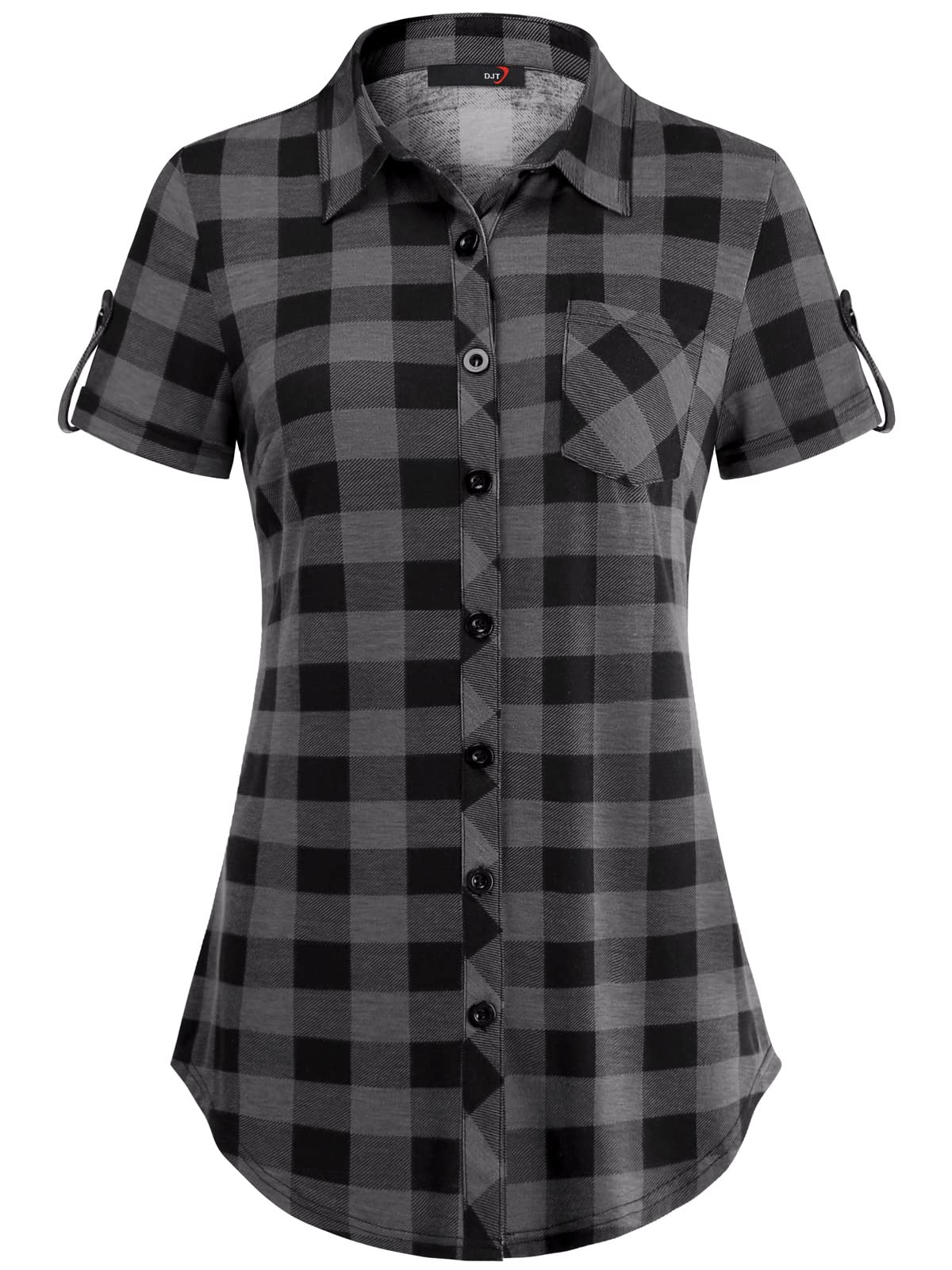 DJT Roll Up Collared Short Sleeve Black Plaid Women’s Button Down Plaid Shirt
