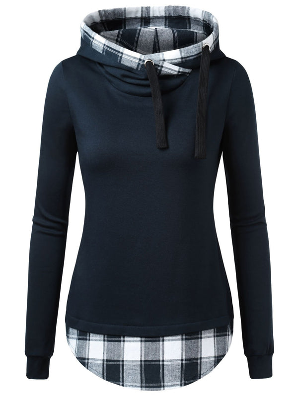 DJT Navy White Plaid Funnel Neck Women's Check Contrast Pullover Hoodie Tops