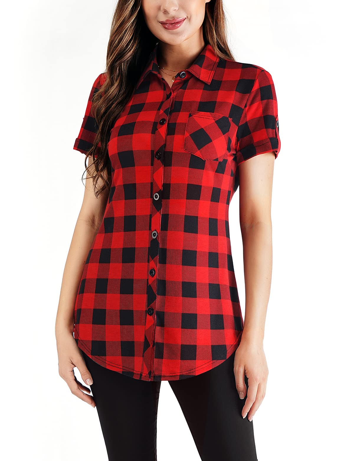 DJT Roll Up Long Sleeve Red Plaid Women’s Sleeve Collared Button Down Plaid Shirt
