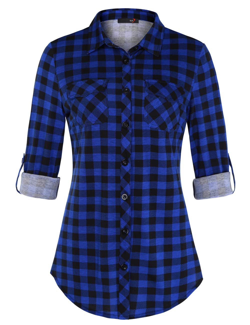 DJT Roll Up Long Sleeve Vibrant Blue Women’s Collared Button Down Plaid Shirt