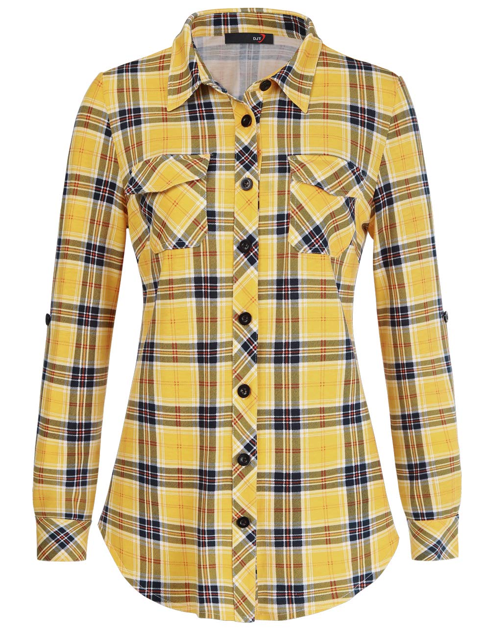 DJT Roll Up Long Sleeve Pocket Yellow Plaid Women’s Collared Button Down Plaid Shirt