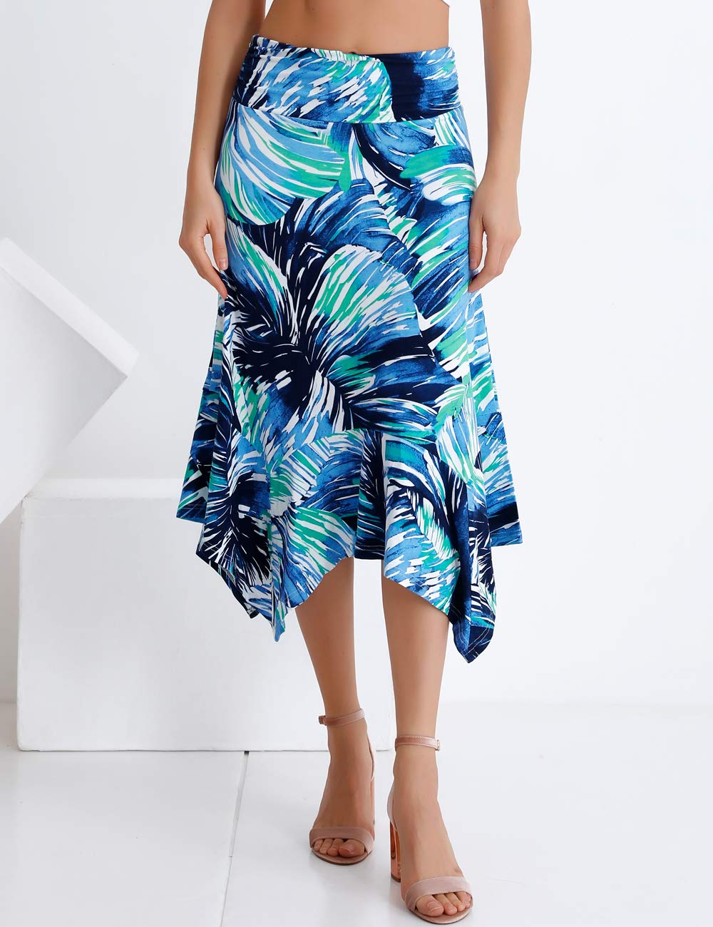 DJT Women's Tropical Print Handkerchief Hemline Midi Skirt