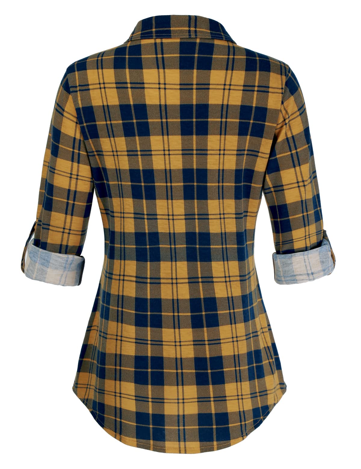 DJT Roll Up Long Sleeve Yellow Navy Plaid Women’s Collared Button Down Plaid Shirt