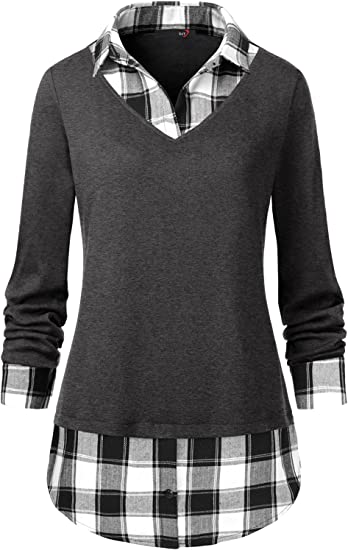 DJT Women's High Street Vintage Grey Contrast Plaid Collar 2 in 1 Blouse Tunic Tops