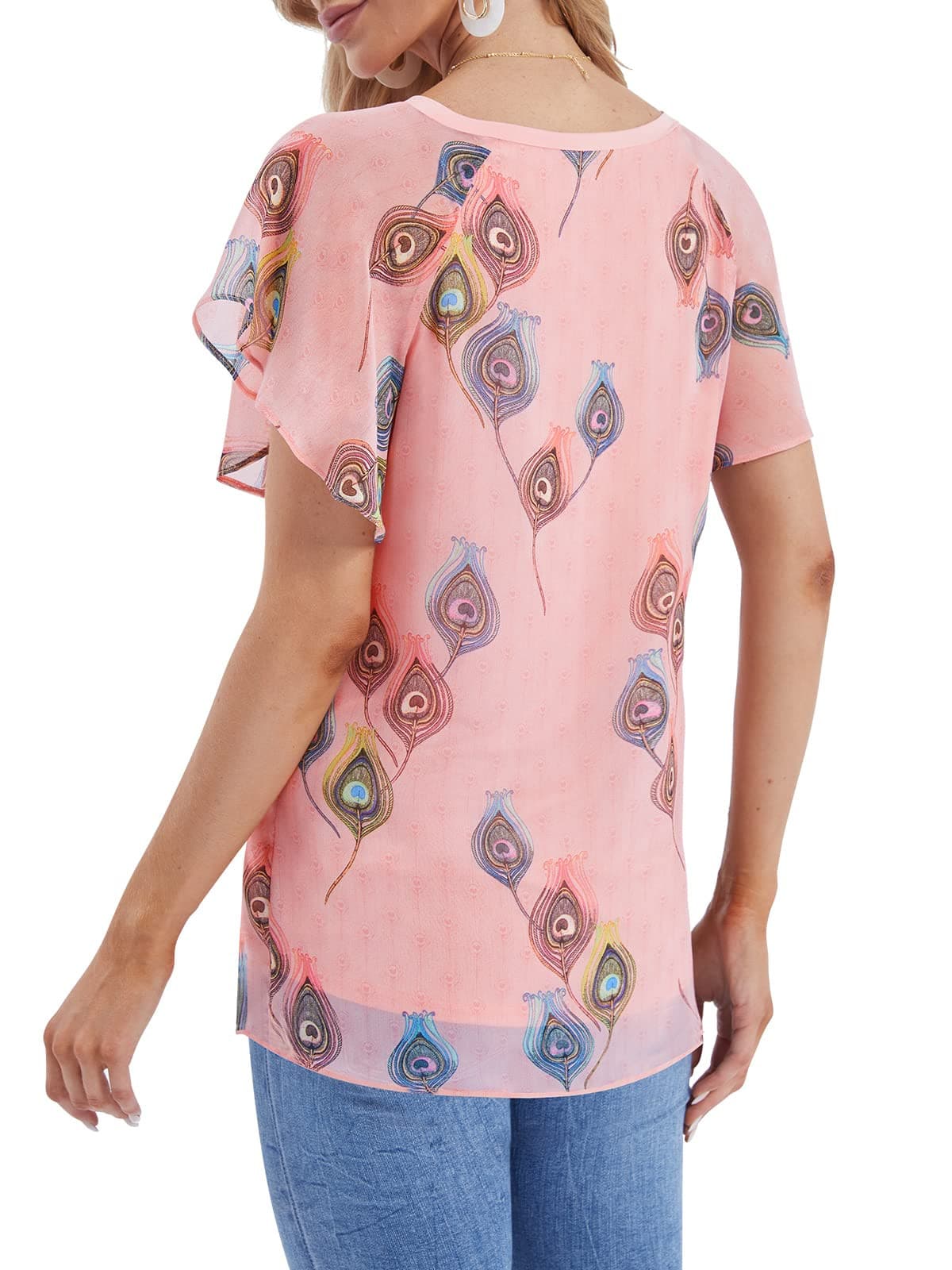 DJT Flare Ruffle Pink Floral Chiffon V Neck Short Sleeve Flowy Shirts