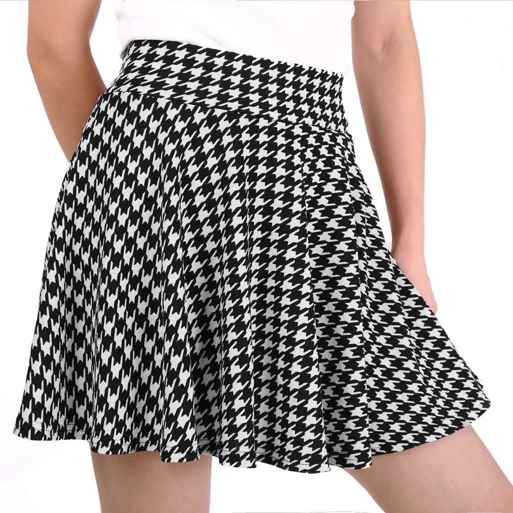 DJT Flared Pleated Black and White Women's Casual Stretchy Mini Skater Skirt with Shorts
