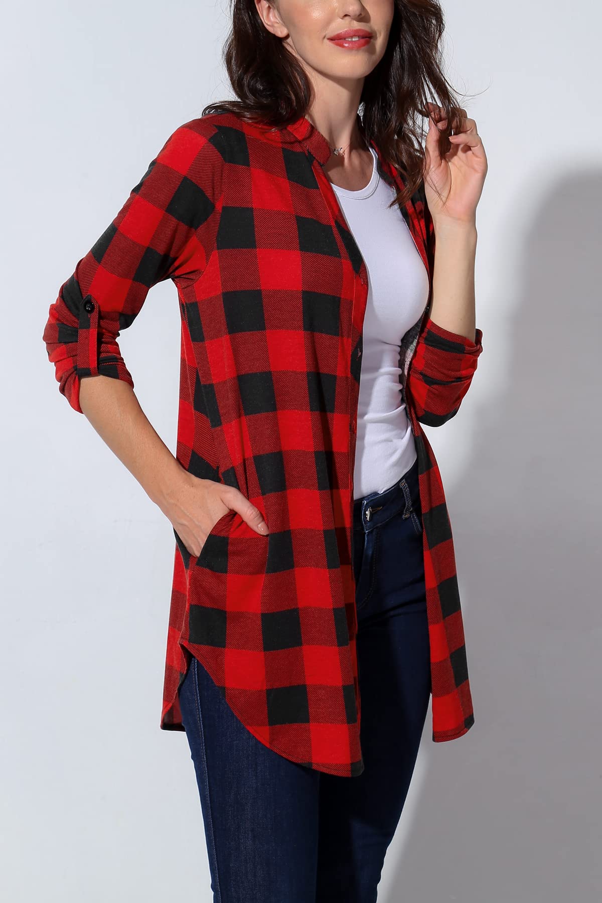 DJT Roll Up 3/4 Sleeve Red Plaid Women's Soft Knitted Pockets Casual Button Down Plaid Shirts
