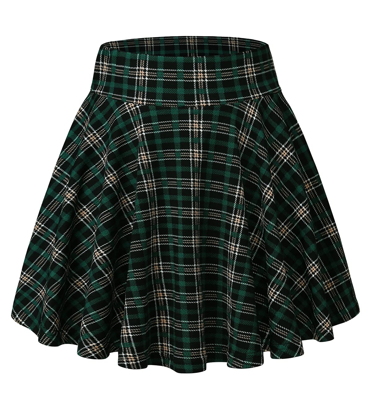 DJT Flared Pleated Green Plaid Women's Casual Stretchy Mini Skater Skirt with Shorts