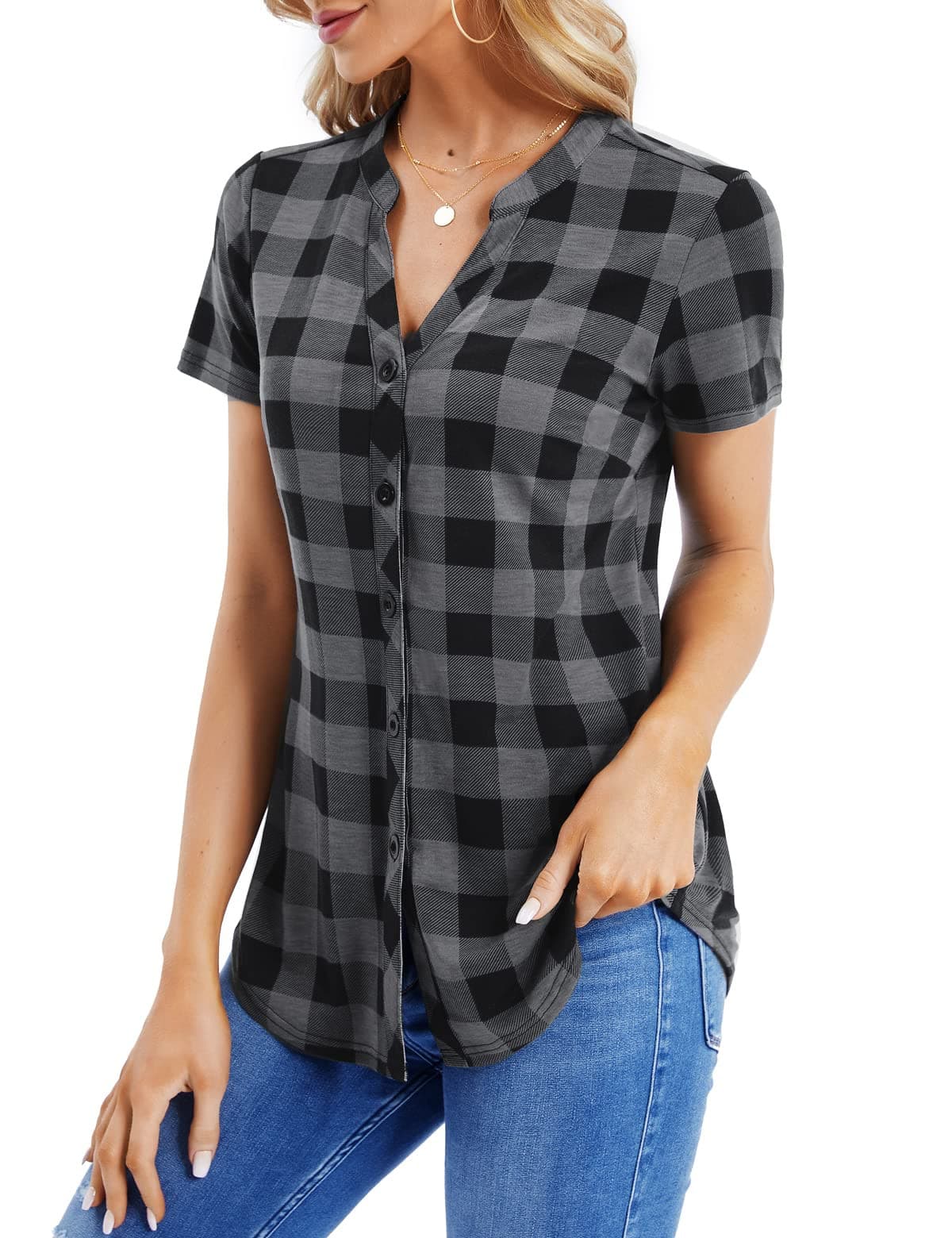 DJT Short Sleeve Black and White Plaid Women's Summer Casual V Neck Blouses Plaid Button Down Plaid Shirts Tops