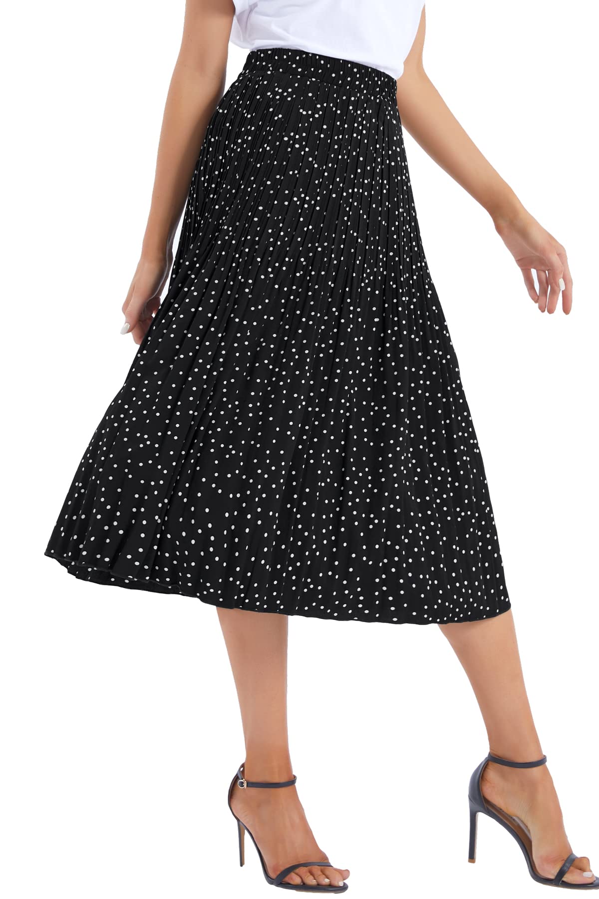 DJT High Waist A-Line Pleated SkirtFASHION Black Polka Dots Womens Elastic Polka Dot Midi Swing Skirt
