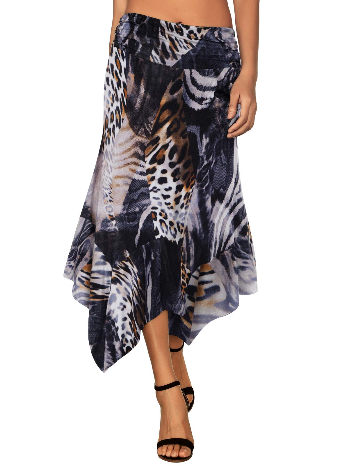 DJT Leopard Print Flowy Women's Handkerchief Hemline Midi Skirt