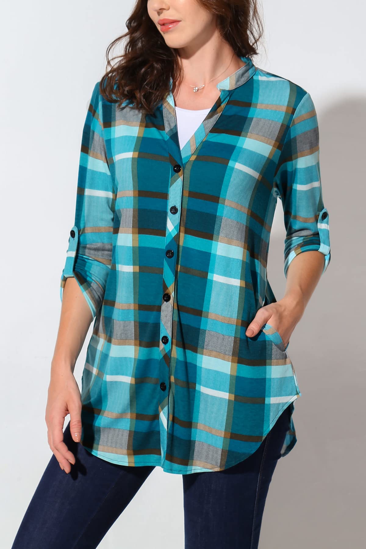 DJT Ocean Depths Women's Soft Knitted Roll Up 3/4 Sleeve Pockets Casual Button Down Plaid Shirts