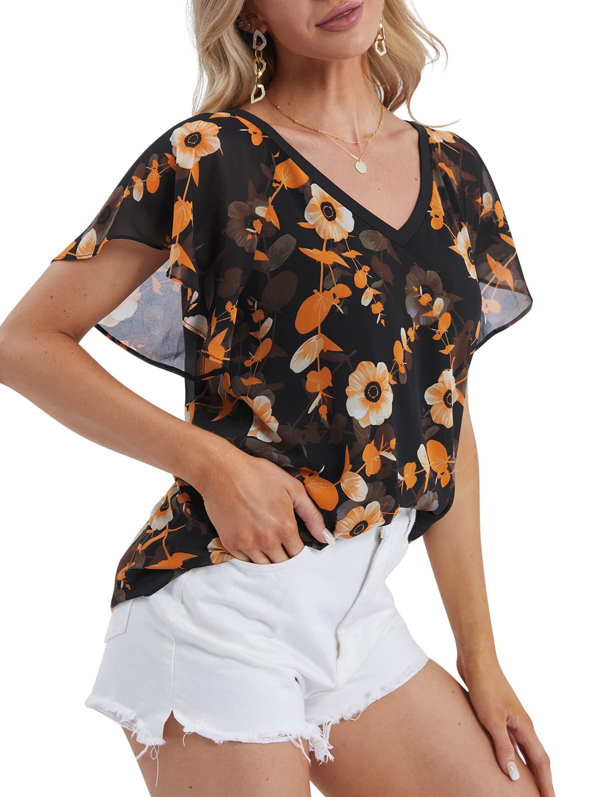 DJT Flare Ruffle Short Sleeve Black Floral Womens Summer Chiffon Tops Casual V Neck Flowy Top Blouses Shirts Media 1 of 4