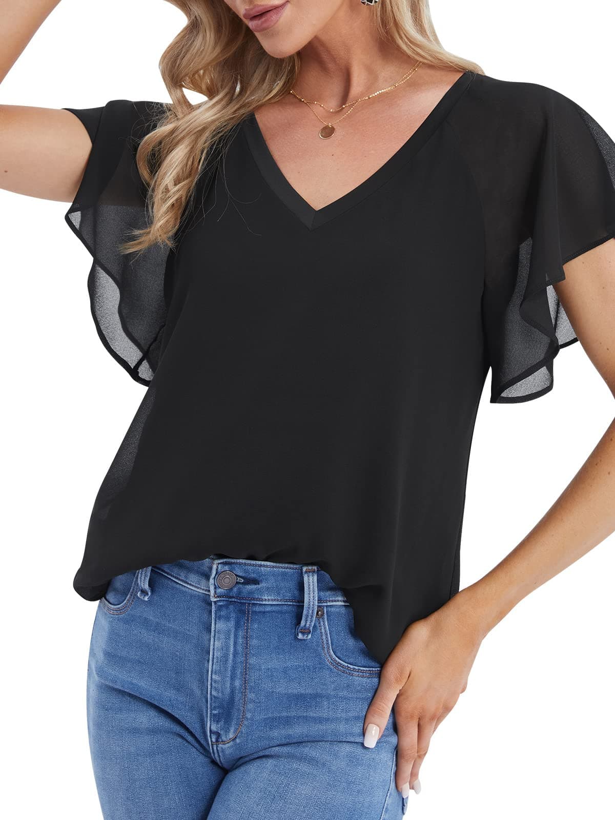 DJT Flare Ruffle Solid Black Womens Summer Chiffon Tops Casual V Neck Short Sleeve Flowy Top Blouses Shirts