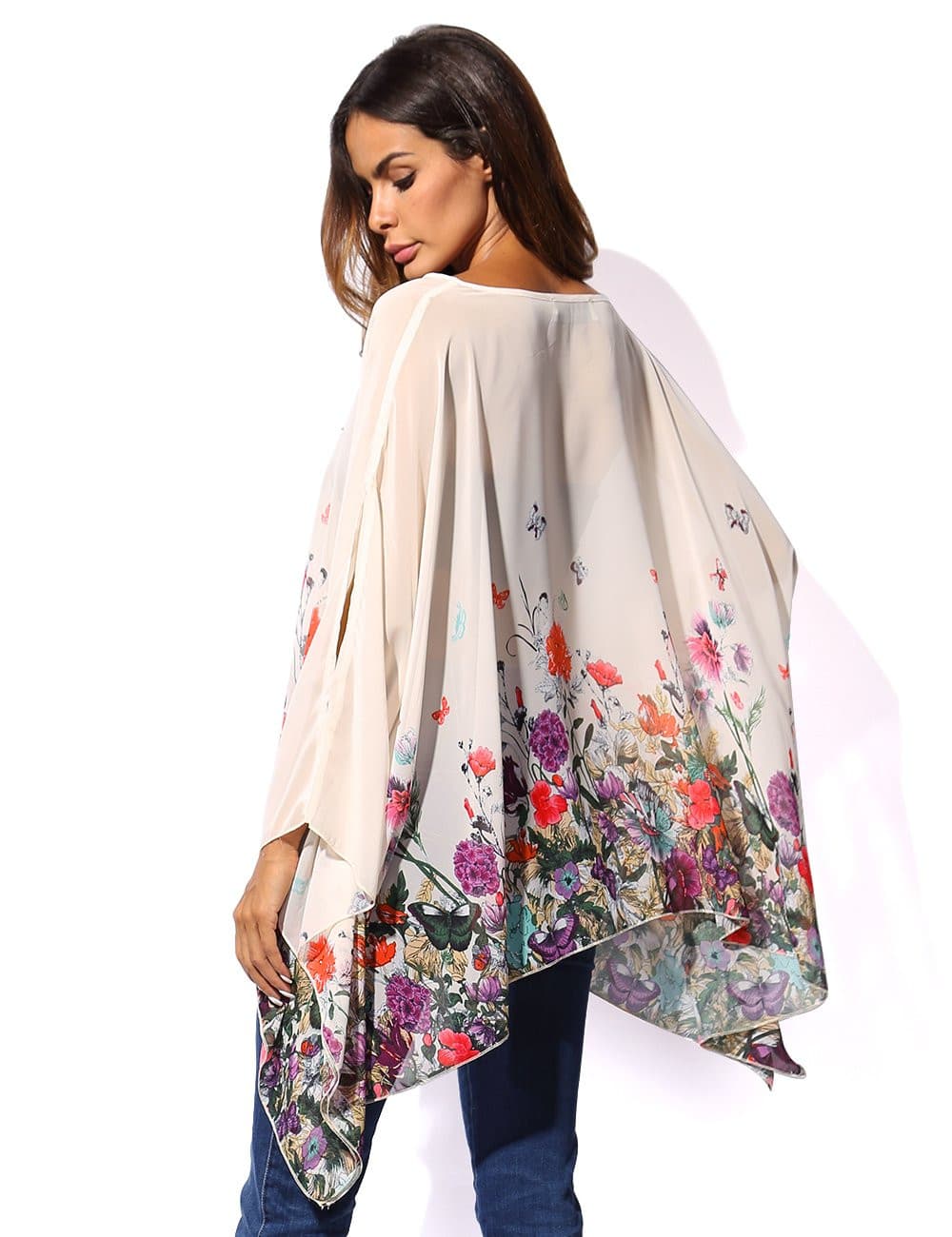 DJT Apricot Summer Floral Printed Chiffon Women's Caftan Poncho Cover Ups Tunic Tops