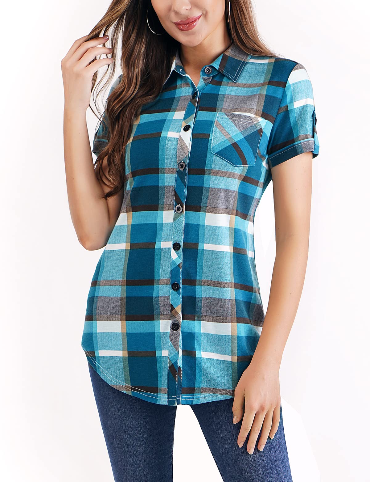 DJT Roll Up Long Sleeve Short Sleeve Turquoise Women’s Collared Button Down Plaid Shirt