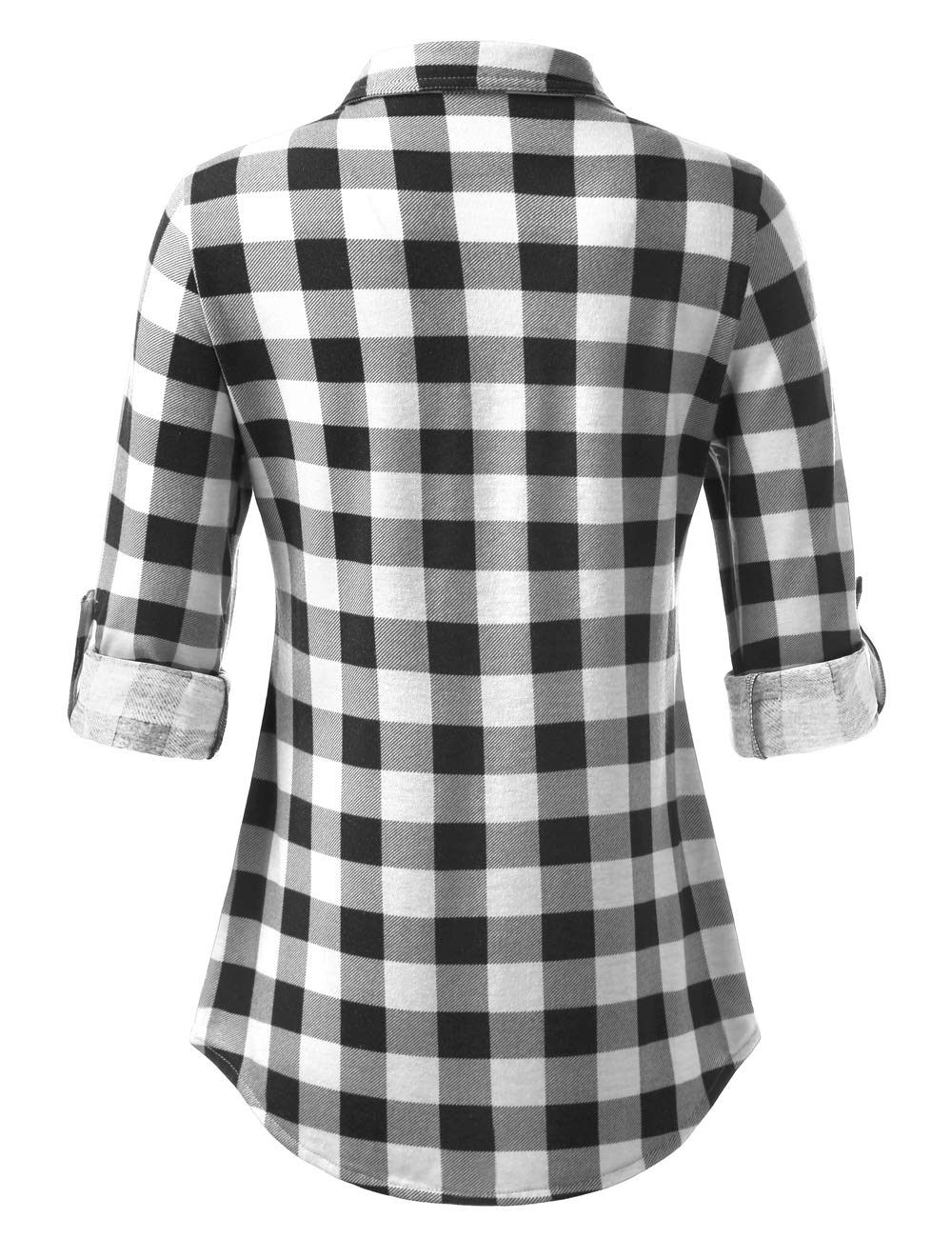 DJT Roll Up Long Sleeve Black White Plaid Women’s Collared Button Down Plaid Shirt