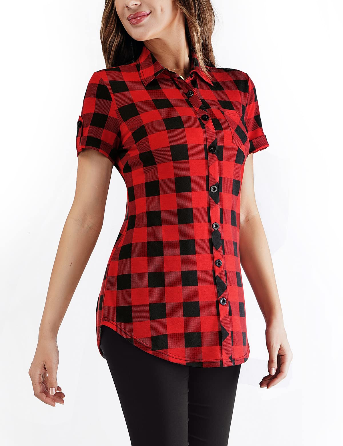 DJT Roll Up Long Sleeve Short Sleeve Red Plaid Women’s Collared Button Down Plaid Shirt