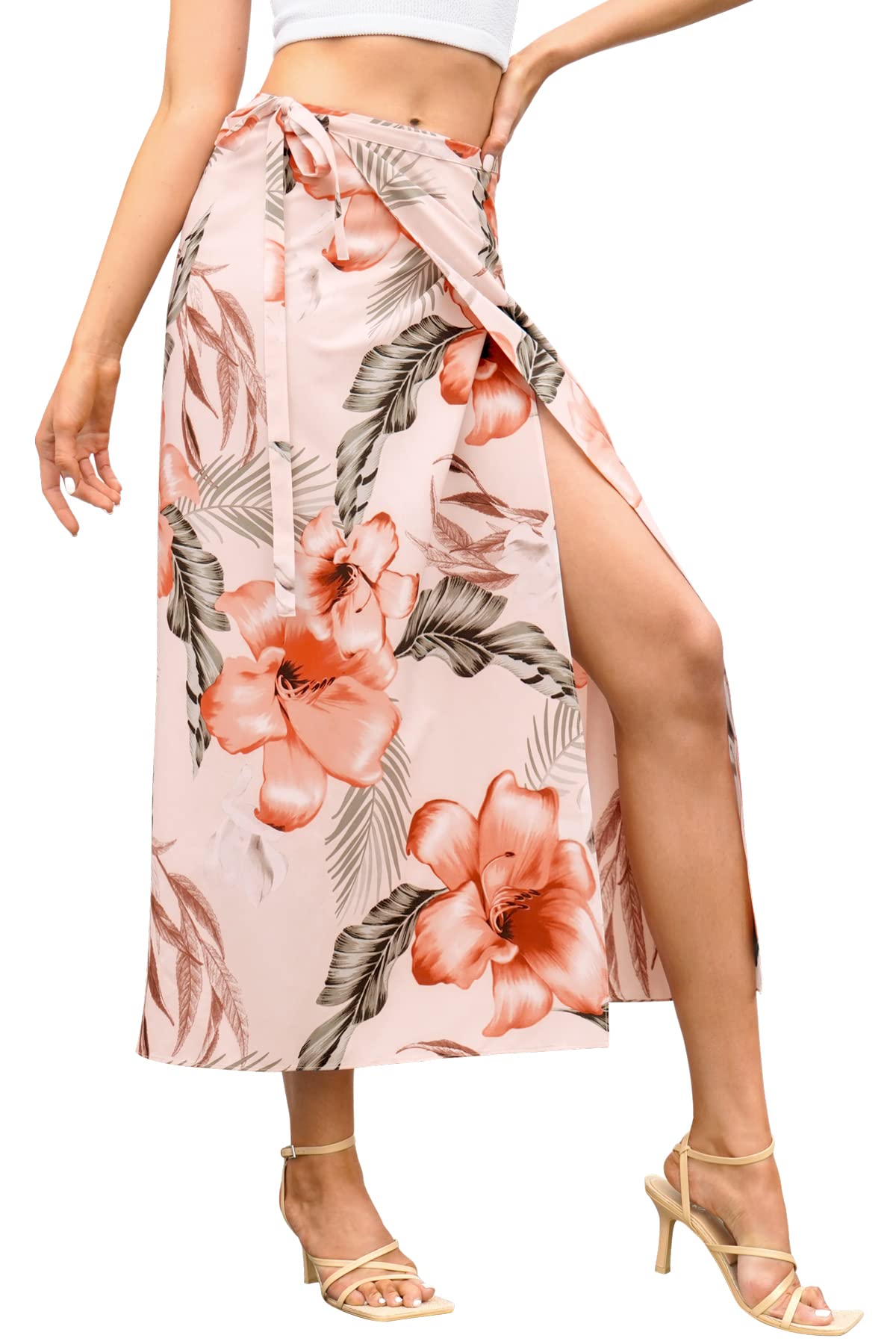 DJT High Waisted Wrap Skirt FASHION Apricot Floral Womens Boho Floral Summer Beach Tie Up Skirts