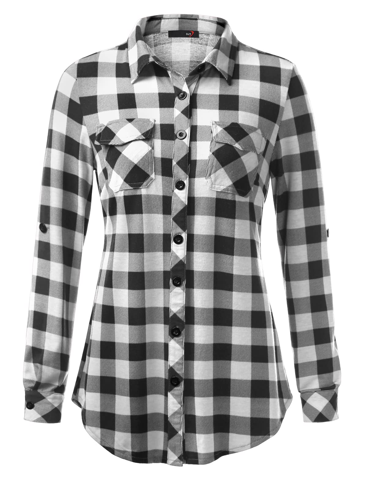 DJT Roll Up Long Sleeve Black white Women’s Collared Button Down Plaid Shirt
