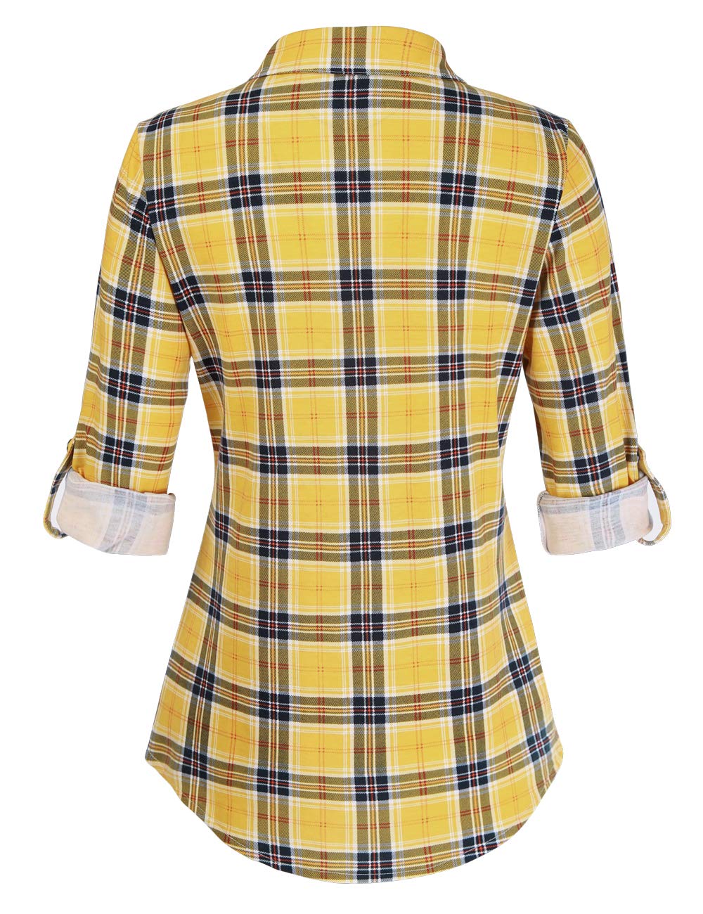 DJT Roll Up Long Sleeve Pocket Yellow Plaid Women’s Collared Button Down Plaid Shirt