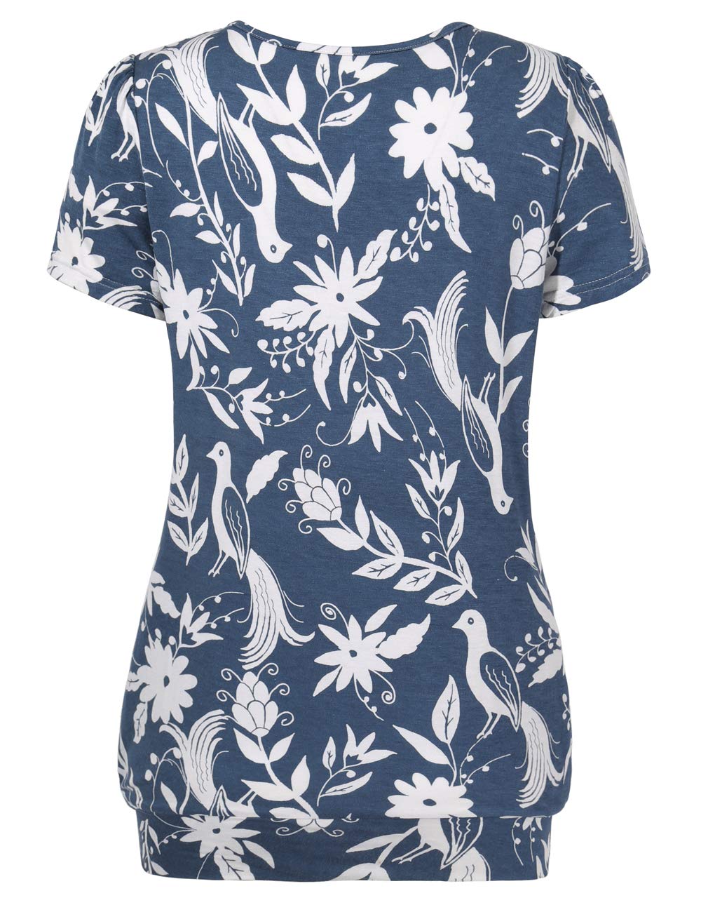 DJT Scoop Neck Flower Bird Print Short Sleeve Women's Pleated Front Blouse Tunic Tops