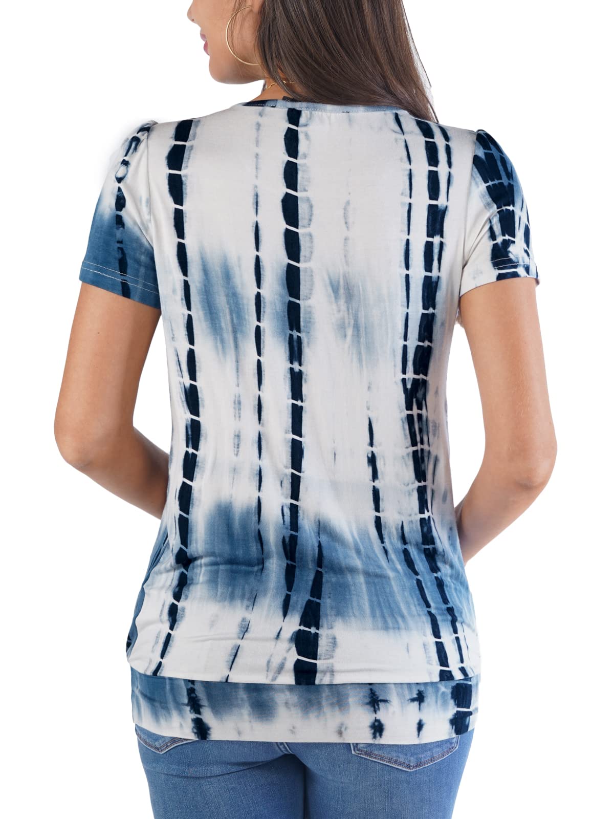 DJT Tie Dye Blue Bamboo Women's Scoop Neck Short Sleeve Pleated Front Blouse Tunic Tops