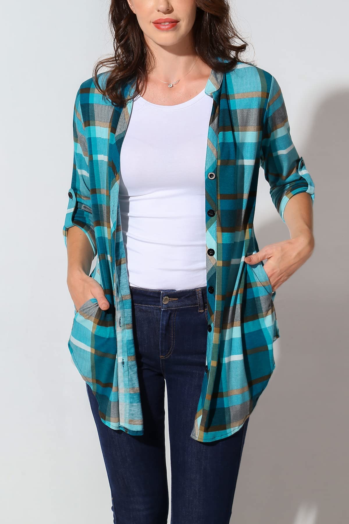 DJT Ocean Depths Women's Soft Knitted Roll Up 3/4 Sleeve Pockets Casual Button Down Plaid Shirts