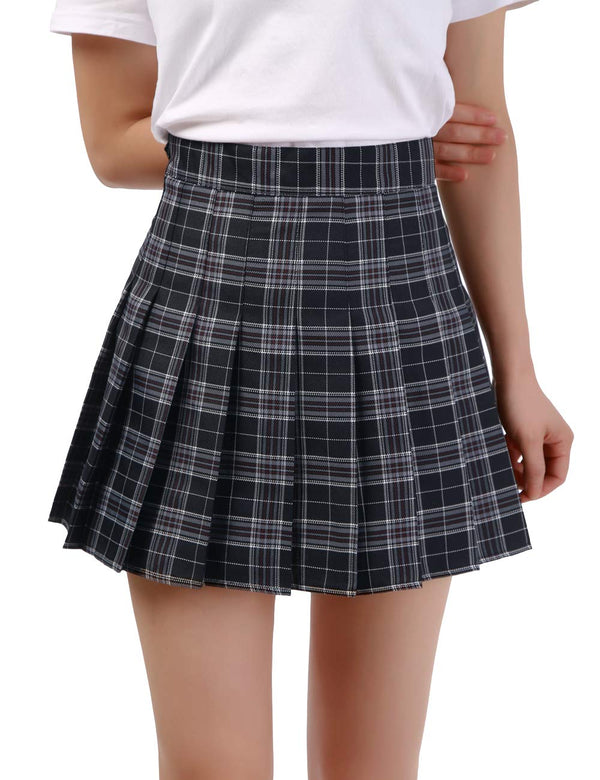 DJT Cute Pleated Tennis Skirt with Shorts Navy Plaid Long Women's Girls Skater