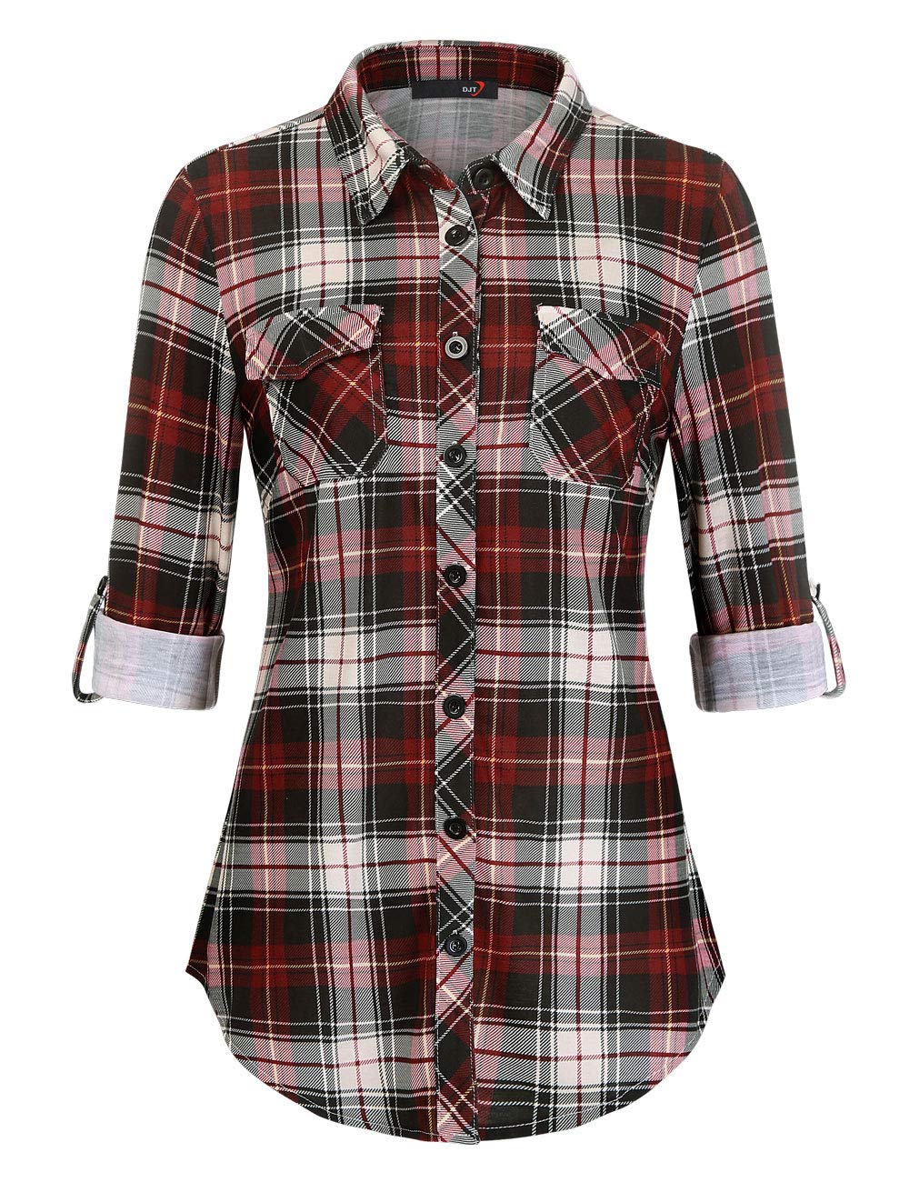 DJT Roll Up Long Sleeve Haute Red Women’s Collared Button Down Plaid Shirt
